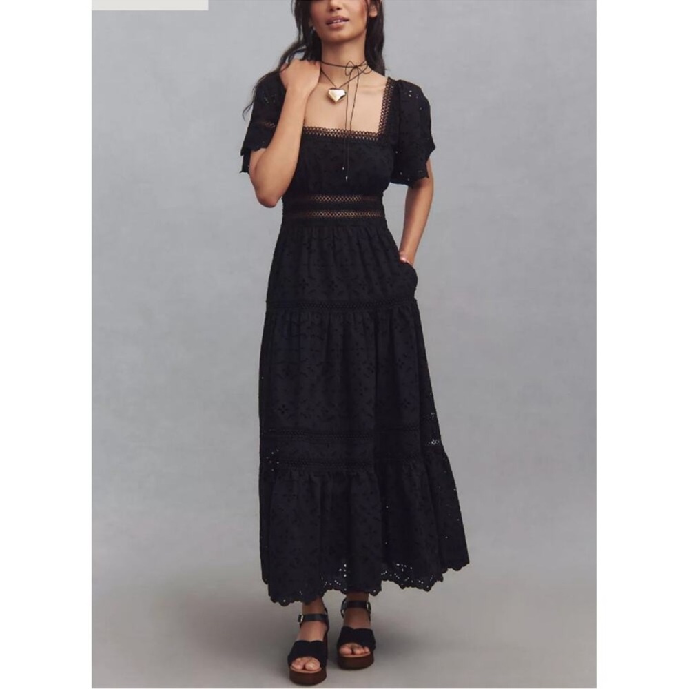 Maeve by Anthropologie The Violetta Square-Neck‎ Eyelet Midi Dress Black Medium